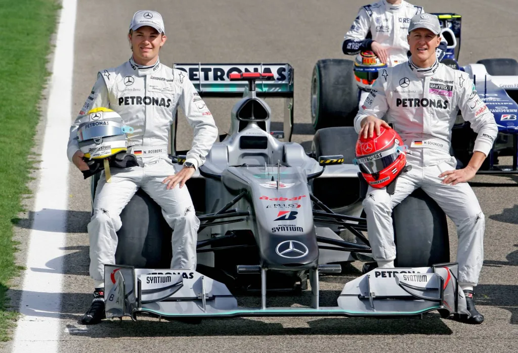 Bahrain Grand Prix, 2010: The new works team Mercedes GP PETRONAS F1 Team, since 2012 Mercedes-AMG PETRONAS Formula One Team, makes its debut at this race. Photo of the training session with Nico Rosberg (left), Michael Schumacher and the MGP W 01 Formula One racing car. (Photo index number in the Mercedes-Benz Classic Archives: 2008DIG2297)