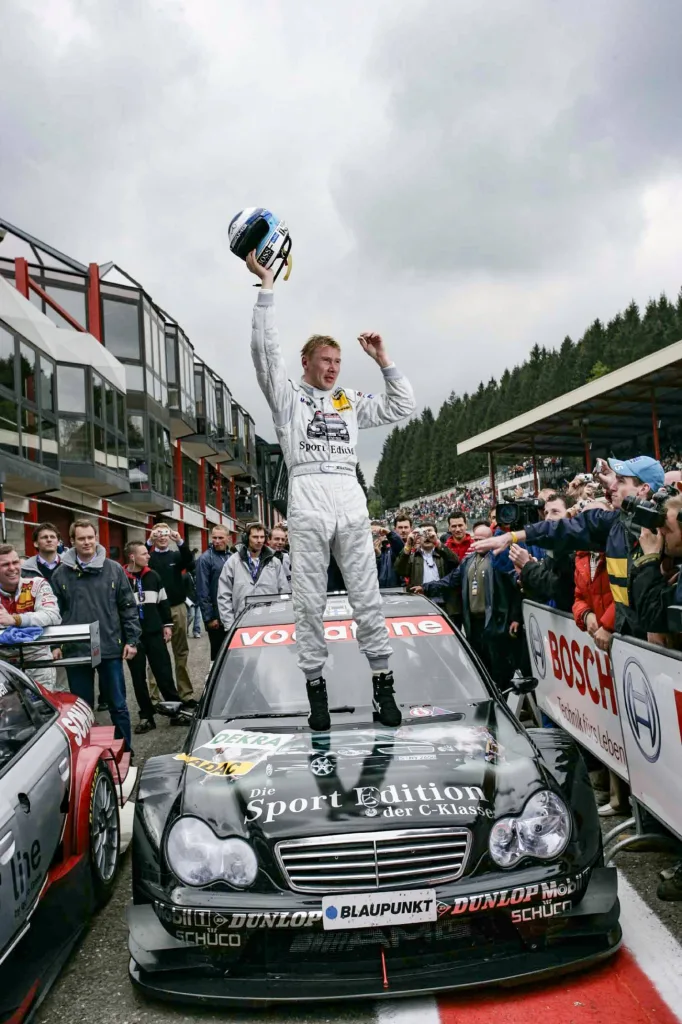 Mercedes-Benz racing driver Mika Häkkinen wins the DTM race at Spa-Francorchamps on 15 April 2005. It is his first race win in only his third start in the DTM. (Photo index number in the Mercedes-Benz Classic Archives: MOSPO30)