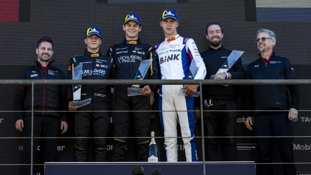 Podium (l-r): Thorsten Rückert (DEU), Project Manager Porsche Sixt Carrera Cup Deutschland, Porsche Junior Alessandro Ghiretti (FRA), Schumacher CLRT (#11), Flynt Schuring (NLD), Schumacher CLRT (#12), Robert de Haan (NLD), Proton Huber Competition (#46), Benjamin Floch (FRA), Race Engineer Schumacher CLRT, Thomas Laudenbach (DEU), Vice President Porsche Motorsport, Porsche Sixt Carrera Cup Deutschland 2025, Spa-Francorchamps (BEL)
