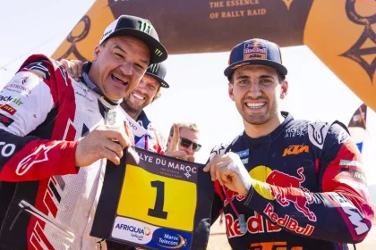 BRANCH Ross (bwa), Hero Motorsports Team Rally, Hero 450, FIM W2RC, RallyGP, BENAVIDES Luciano (arg), Red Bull KTM Factory Racing, KTM 450 Rally, RallyGP, portrait during the Finish of the 2024 Rallye du Maroc, 5th round of the 2024 FIA W2RC, on October 1 © A.S.O./J.Delfosse/DPPI