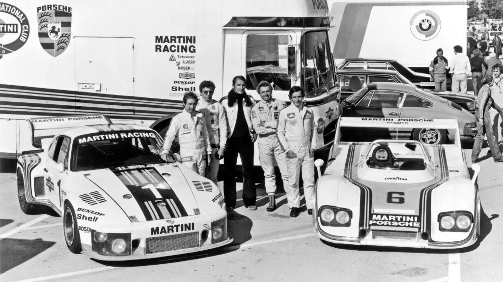 Jacky Ickx, Jochen Mass, Manfred Janke, Rolf Stommelen, Manfred Schurti (l-r), Porsche 935, Porsche 936, 1976, Porsche AG